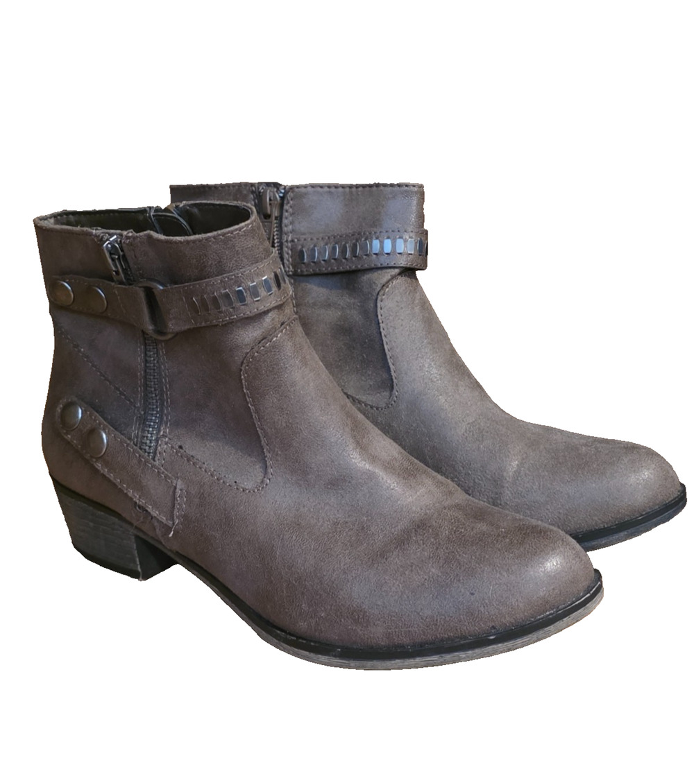 A.N.A Western Ankle Boots Women 8 Brown Harness Studded Side Zip Block Heel Boho